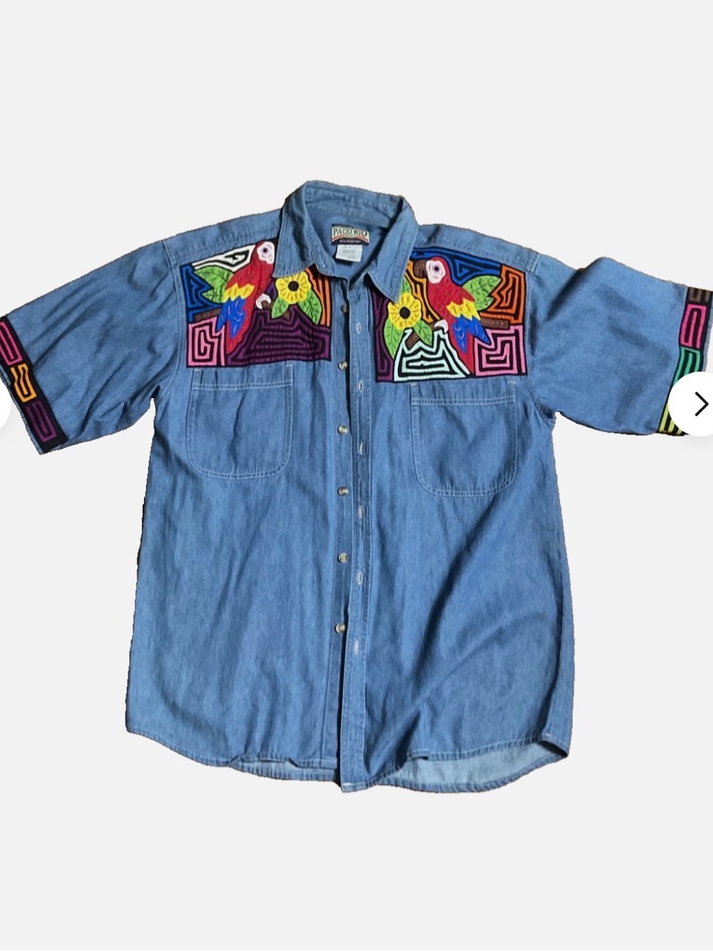 Embroidered Denim Button-Down Shirt with Parrot Motif - Blue